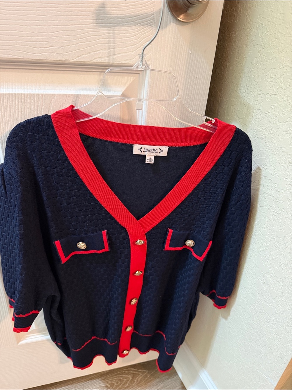 Nanette Lepore Navy V-Neck Sweater with Red Trim